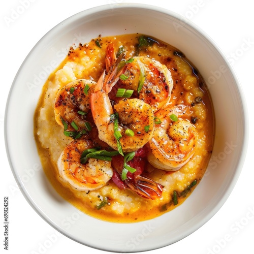 Top view of shrimp and grits in a white bowl, garnished with herbs and spices on a white background.