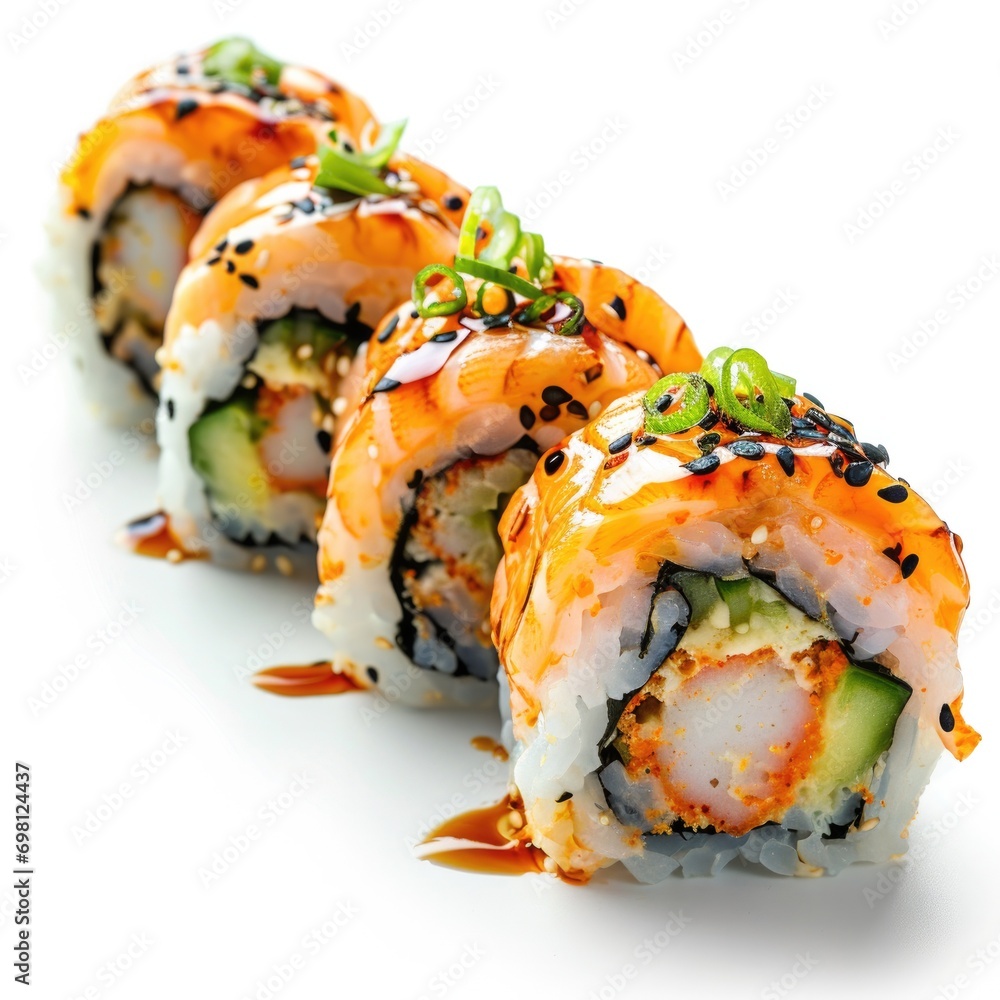 Delicious sushi rolls with sauce, garnished with sprouts in white background Delicious sushi rolls with sauce, garnished with sprouts in white background