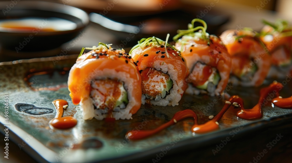 Delicious sushi rolls with spicy sauce on a ceramic plate, garnished with sprouts Delicious sushi rolls with spicy sauce on a ceramic plate, garnished with sprouts