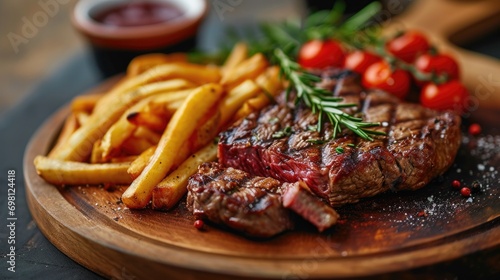 Grilled steak with frites and vegetables on a plate, garnished with fresh herbs and potatoes.