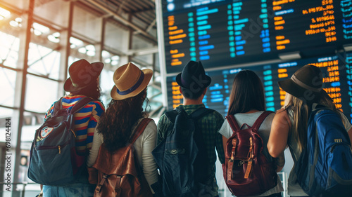 Tourist group at the airport looks at the scoreboard.