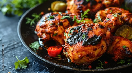 Grilled tandoor chicken with herbs and spices on a dark pan, garnished with fresh parsley photo