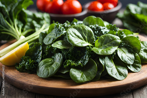 Spinach, kale, collard greens, and Swiss chard are packed with vitamins, minerals, and fiber, copy space, bokeh, detailed, perfect composition, dof. photo