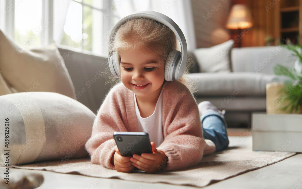 Happy smile Preteen girl kid using a smartphone and headphones for online learning, app social media, or playing a game Happy smile Preteen girl kid using a smartphone and headphones for online learning, app social media, or playing a game