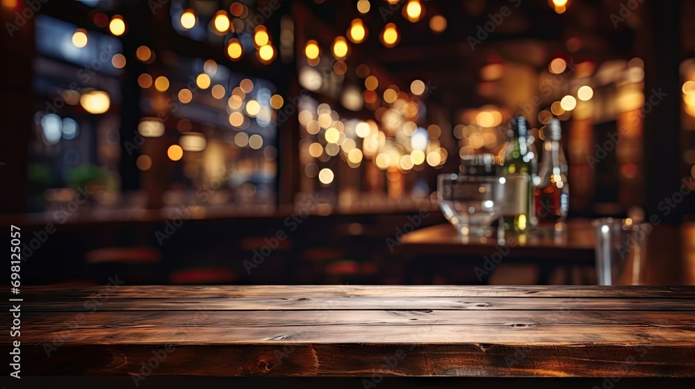 Empty wooden table in front of blurred cafe bar or restaurant. Abstract lights bokeh background, front view, free space for your product.