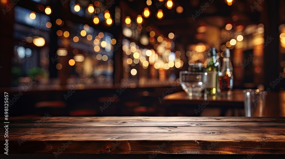 Empty wooden table in front of blurred cafe bar or restaurant. Abstract lights bokeh background, front view, free space for your product. Empty wooden table in front of blurred cafe bar or restaurant. Abstract lights bokeh background, front view, free space for your product.