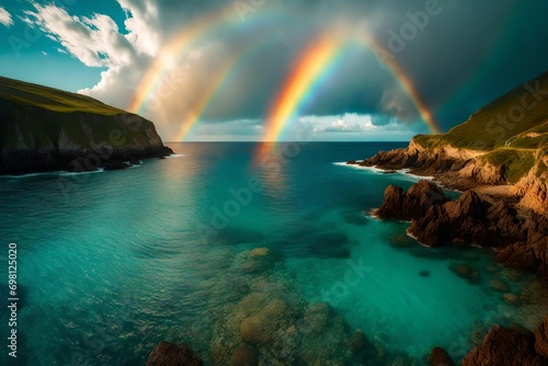 Gorgeous scenery with a turquoise water and a double-sided rainbow at dusk photo