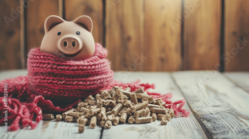 Winter Savings: Piggy Bank and Wood Pellets. Generative AI photo
