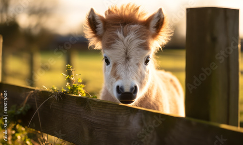Curious Foal Peeking Over a Country Fence at Sunrise  Its Fluffy Mane Illuminated by Golden Light