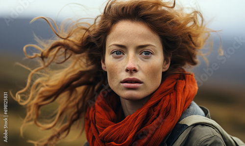 Windswept Contemplation: Red-Scarfed Woman with Tousled Auburn Hair Against a Brooding Landscape