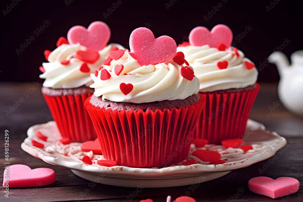Red Velvet cupcakes with pink heart and sprinkle decoration on frosting