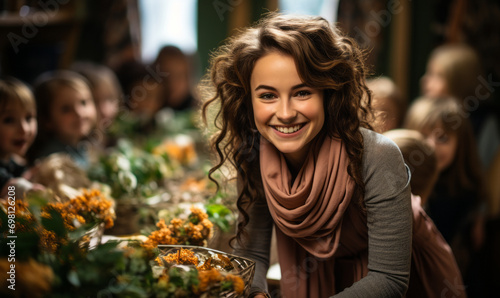 Wallpaper Mural Dedicated Teacher Smiling with Diverse Young Students in a Vibrant Classroom Environment Torontodigital.ca