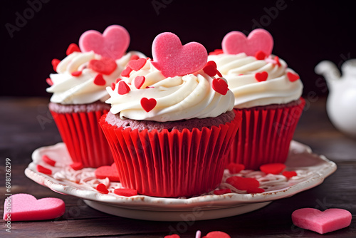 Red Velvet cupcakes with pink heart and sprinkle decoration on frosting