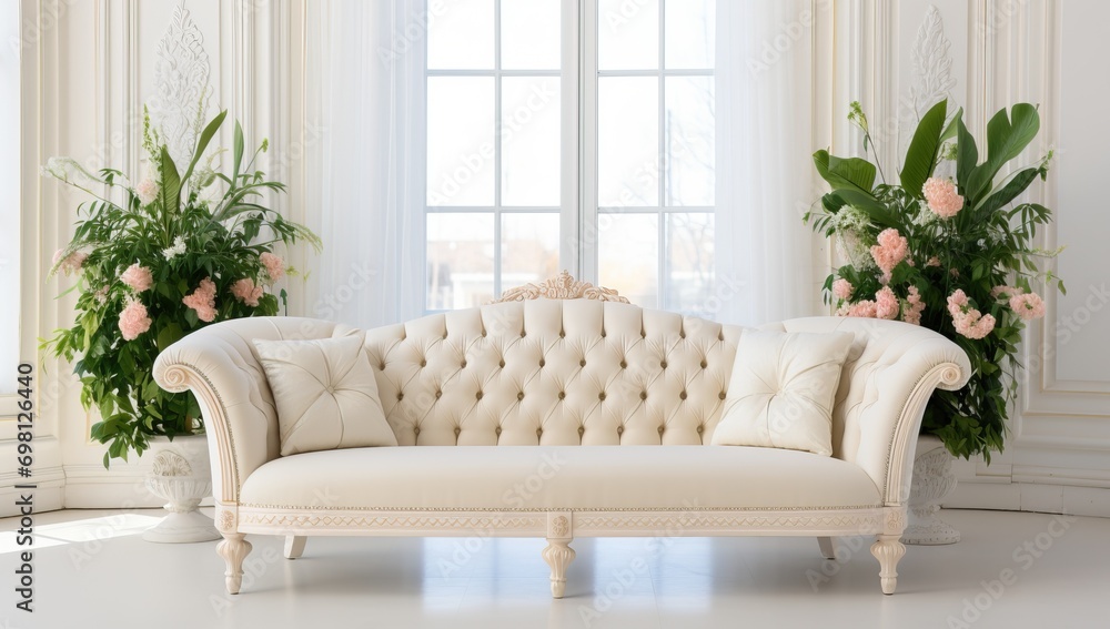 Elegant Living Room with Classic White Sofa and Decorative Plants Elegant Living Room with Classic White Sofa and Decorative Plants