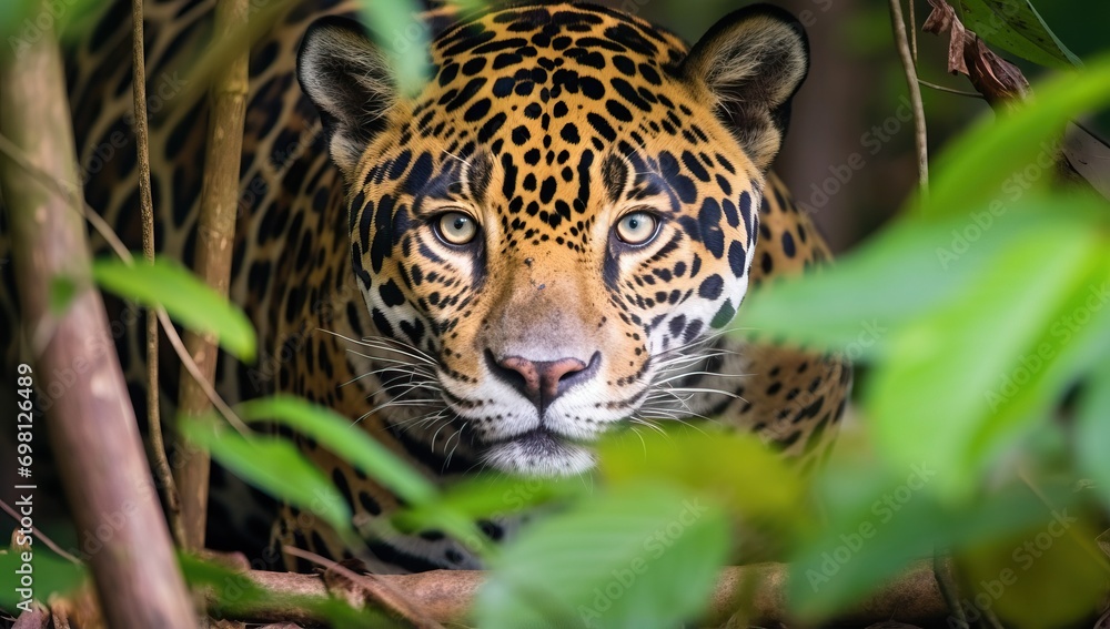 Intense Gaze of a Jaguar Amidst Green Foliage Intense Gaze of a Jaguar Amidst Green Foliage
