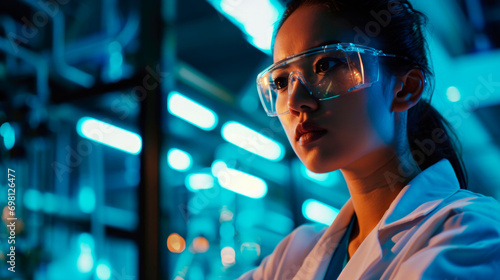 young asian woman scientist working in modern industrial plant 