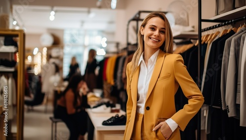 Woman trying on a yellow blazer in a clothing store
