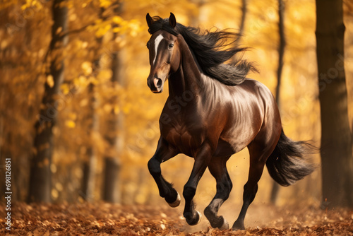 Beautiful horse galloping in autumn forest with falling leaves