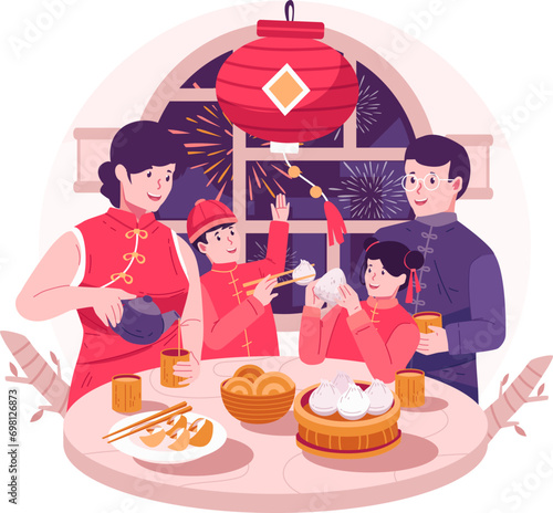 Happy Asian Family Gathering Together Having a Reunion Dinner and Enjoying Tasty Traditional Dishes on Chinese New Year’s Eve