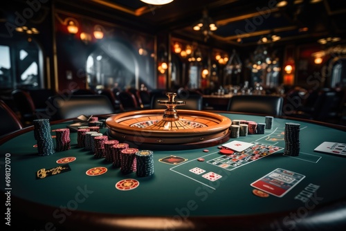 A big poker table, Place a betting table, Play blackjack with stacked poker cards and roulette lie on the table. Generative AI.