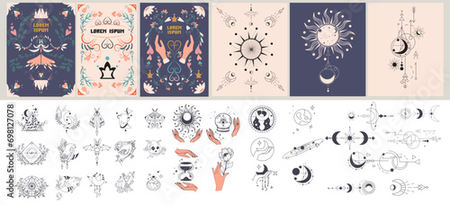 Floral Boho plants. Mystic cards. Retro graphic sun. Mystical and Esoteric Symbols Collection with Nature and Celestial Elements. Vector illustration