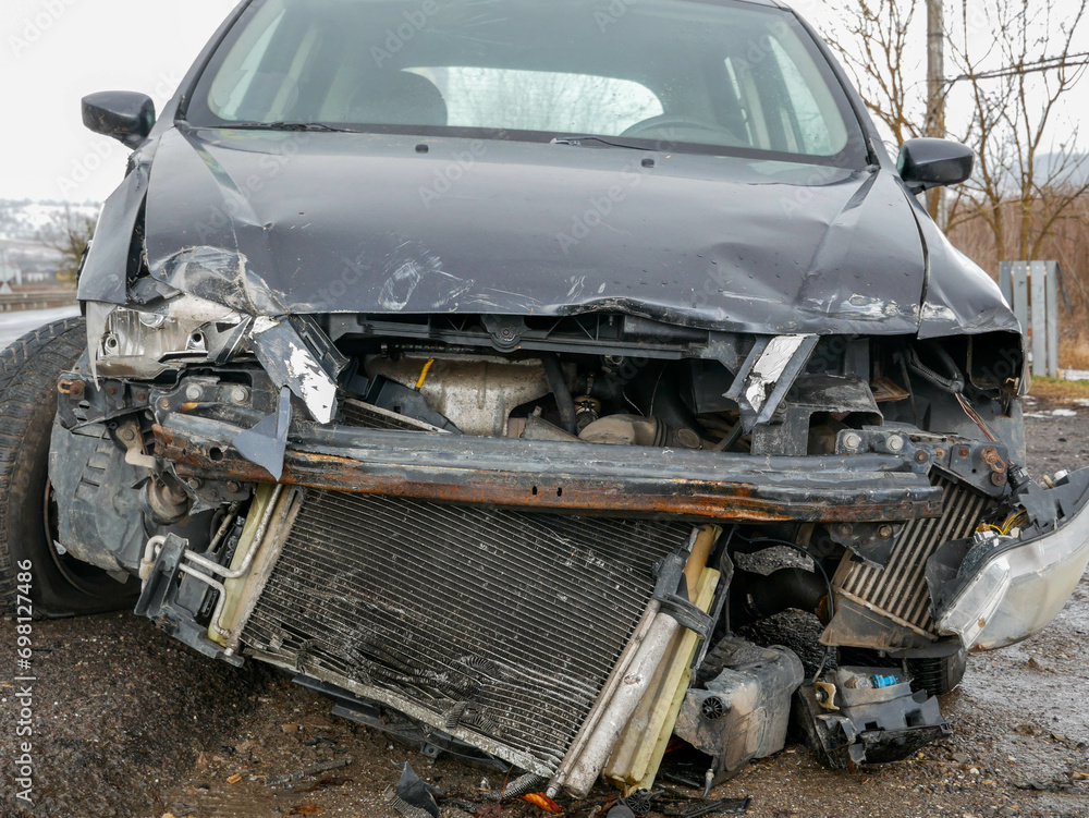 Fototapeta premium Seriously damaged car near roadside after accident in Romania.