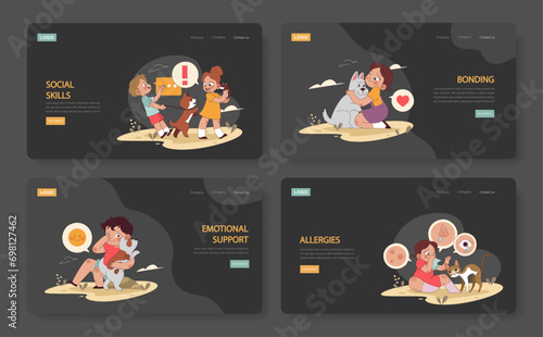Children and pets web or landing set. Exploring responsibilities and joys of pet ownership. Kids developing empathy, social and physical skills. Animal emotional support. Flat vector illustration