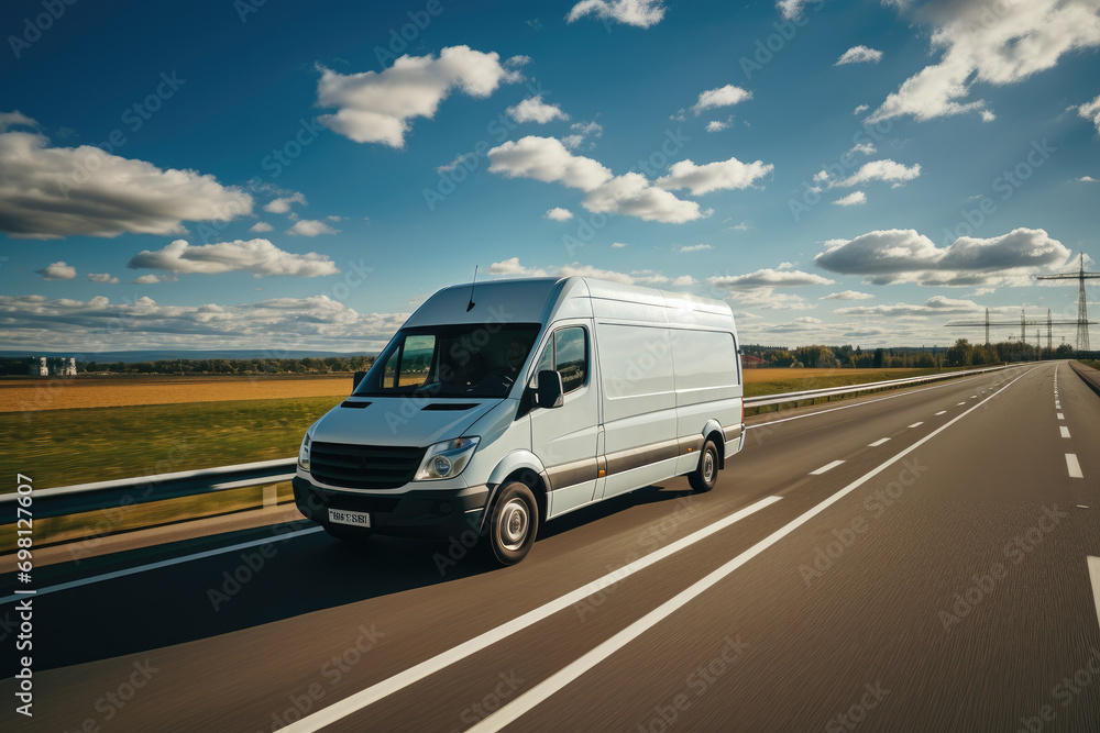 A white van from side driving on traffic highway. Generative AI. A white van from side driving on traffic highway. Generative AI.