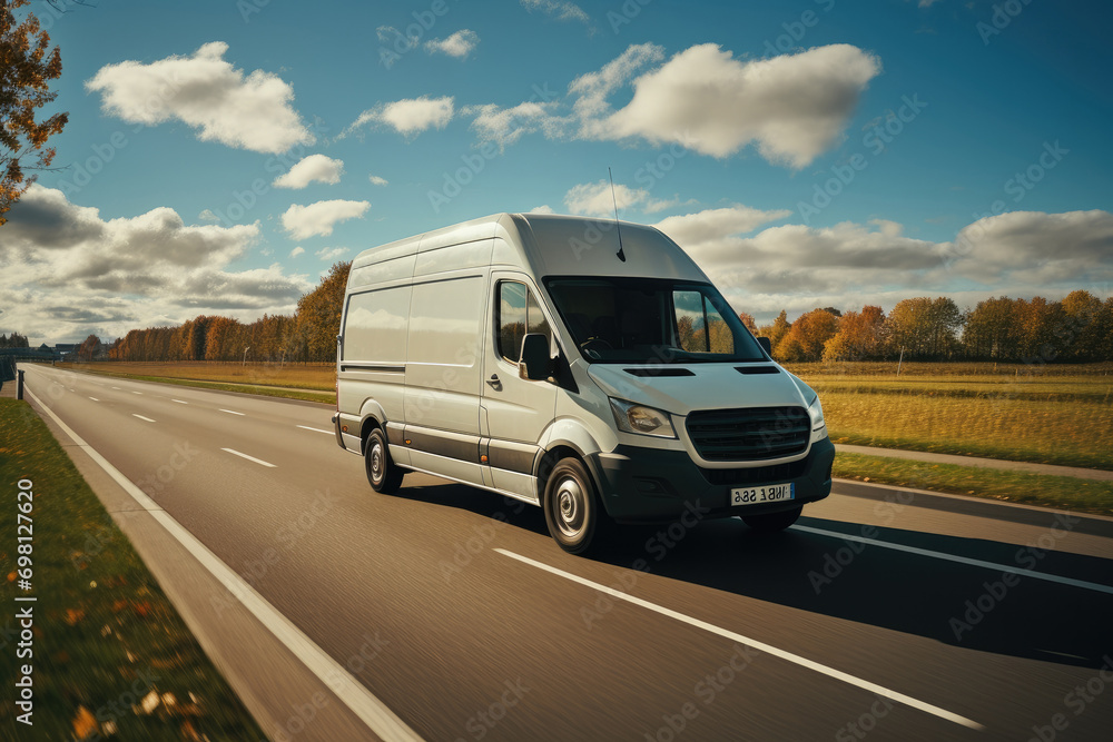 A white van from side driving on traffic highway. Generative AI.