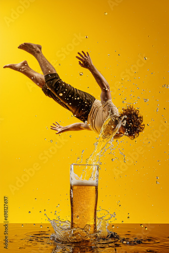 Young man falling down into glass with lager beer 