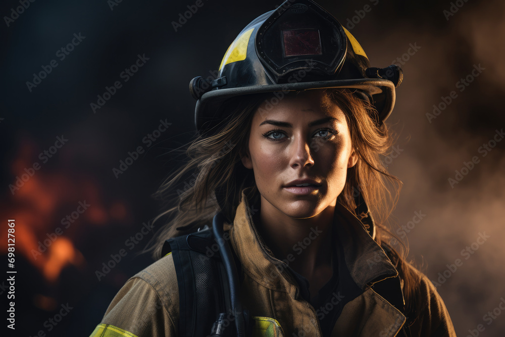 Woman working as a firefighter, Demonstrating courage and strength in her profession. Generative AI. Woman working as a firefighter, Demonstrating courage and strength in her profession. Generative AI.