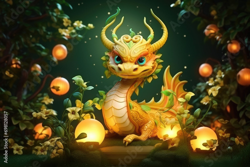 cute 3d glowing golden dragon with lanterns and flowers, happy lunar new year 2024 background, nature background
