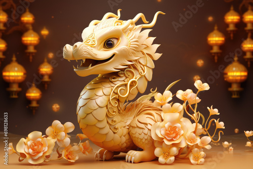 cute 3d glowing golden dragon with lanterns and flowers, happy lunar new year 2024 background, nature background