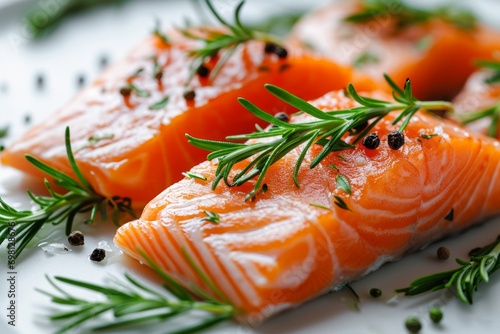 Close up photo of fresh raw salmon steaks with rosemary and black peppercorns