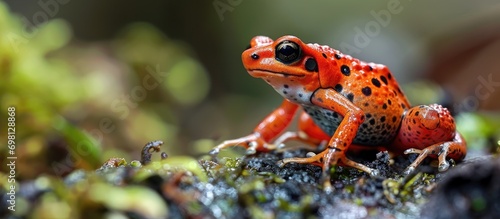 Red strawberry dartfrog, Oophaga pumilio, found in Bocas del Toro rainforest, Panama. photo