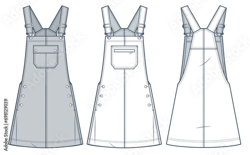 Dungaree Dress technical fashion Illustration. Mini Dress fashion flat technical drawing template, A-line, button, pocket, relaxed fit, front and back view, white, grey, women's Dress CAD mockup set.