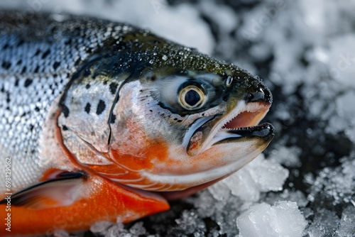 Close up photo of salmon fish head on ice