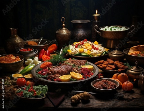 Dry fruits and vegetables on wooden table in oriental style.
