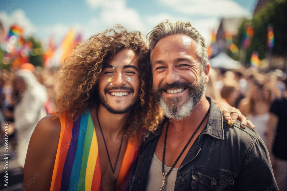 Smiling gay couple at pride parade, Rainbow flag in the background. Generative AI. Smiling gay couple at pride parade, Rainbow flag in the background. Generative AI.
