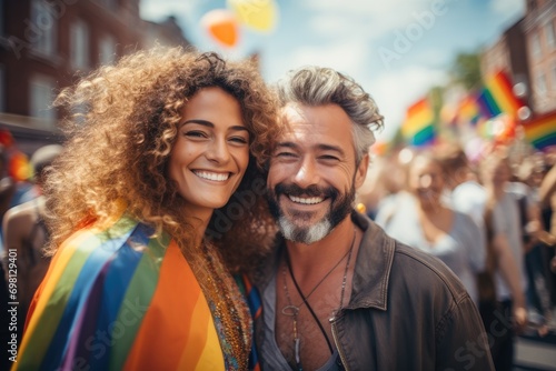Smiling gay couple at pride parade, Rainbow flag in the background. Generative AI.