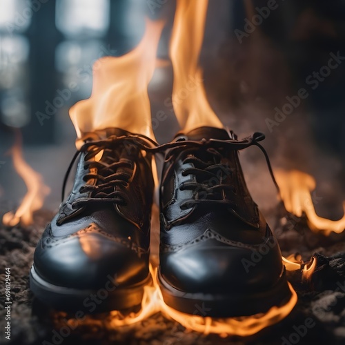 Shoes on fire on carpet background. Burning shoes on carpet background. Concept it's time to buy a new pair of shoes. Concept of sweat feet, bad smell, spoiled shoes after long use. 