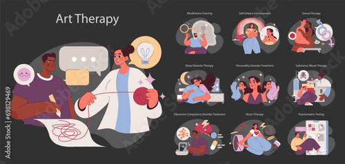 Psychotherapy set. Diverse treatments for mental health challenges. Patient care in mindfulness, self-esteem, and addiction recovery.
