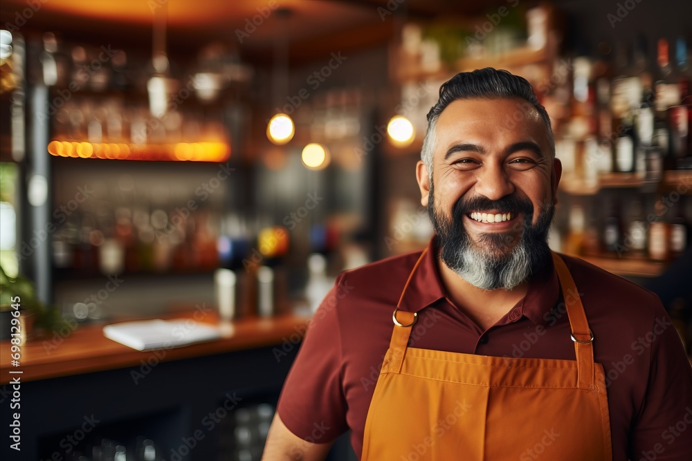 Obraz premium Smiling bartender with copy space at the bar in a lively and vibrant atmosphere