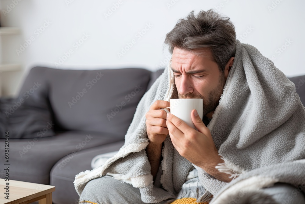 Sick man drinking tea wrapped in warm blanket Sick man drinking tea wrapped in warm blanket