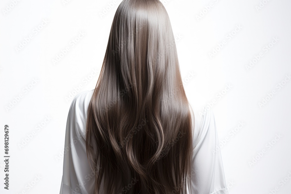 Naklejka premium The back of a girl with long hair on white background, Smooth and shiny hair. Generative AI.