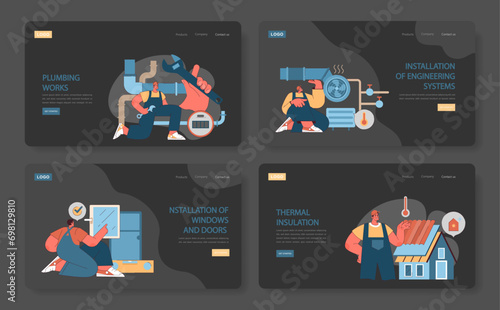 Construction work web or landing set. Informative web banners showcasing plumbing, HVAC installation, window fitting, and insulation tasks. Professional service depiction. Flat vector illustration