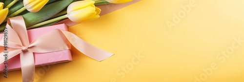 Cheerful spring tulip banner with bright flowers and festive box on sunny yellow background