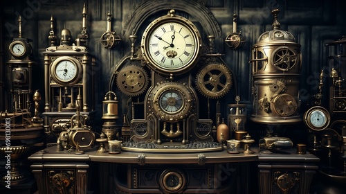 Steampunk Industrial and Victorian aesthetics with a focus on brass, gears, and vintage technology