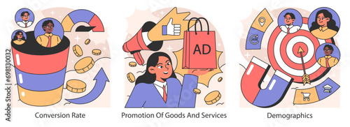 Advertising agency set. Showcasing conversion rate, goods promotion, and demographic targeting. Effective strategy and results-driven marketing approach. Flat vector illustration