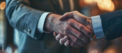 Businessman finalizing a deal with partner through handshake. photo